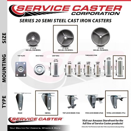 Service Caster 4 Inch Semi Steel Swivel 34 Inch Threaded Stem Caster Set 2 Total Lock Brakes SCC-TSTTL20S414-SSS-34212-2-S-2